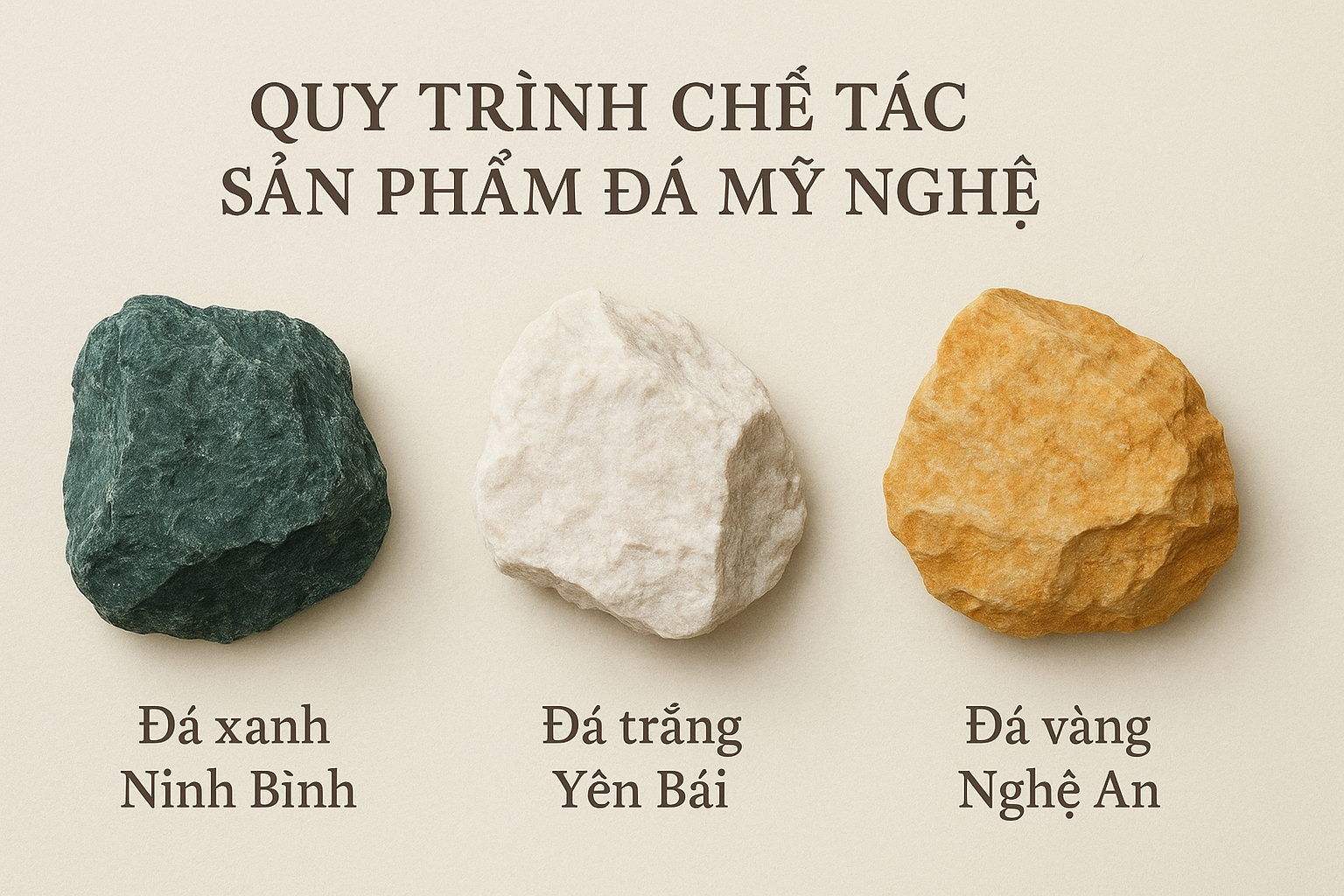 Bước đầu tiên trong quy trình chế tác chính là chọn lựa đá tự nhiên. Các loại đá thường được sử dụng gồm đá xanh Ninh Bình, đá trắng Yên Bái, đá vàng Nghệ An hoặc đá hoa cương nhập khẩu