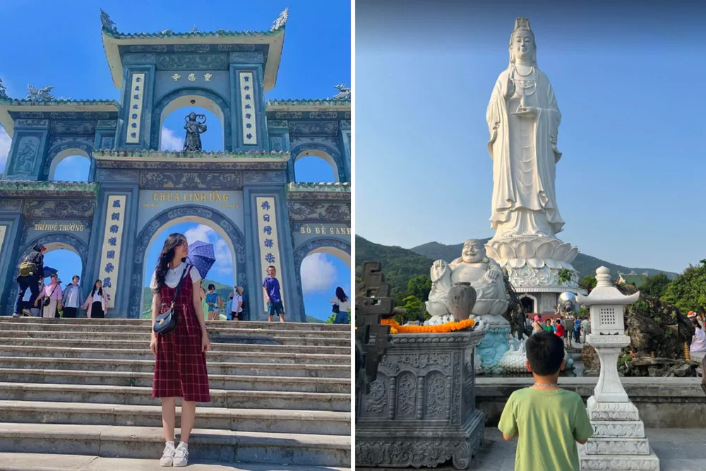 Không thể nhắc đến biểu tượng linh thiêng bằng đá mà không nói đến tượng đá. Mỗi bức tượng Phật, tượng Quan Âm, tượng Thần Tài, Thổ Địa hay các vị hộ pháp đều được chạm khắc tỉ mỉ, thể hiện thần thái trang nghiêm, từ bi và thanh tịnh