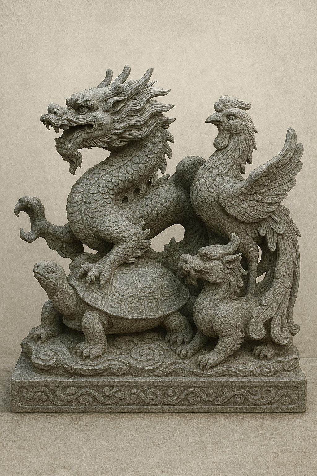 Rồng, lân, quy, phượng… là những linh vật quen thuộc được chạm khắc từ đá mỹ nghệ. Mỗi linh vật mang một ý nghĩa riêng nhưng đều tượng trưng cho sức mạnh, sự bảo hộ và tài lộc
