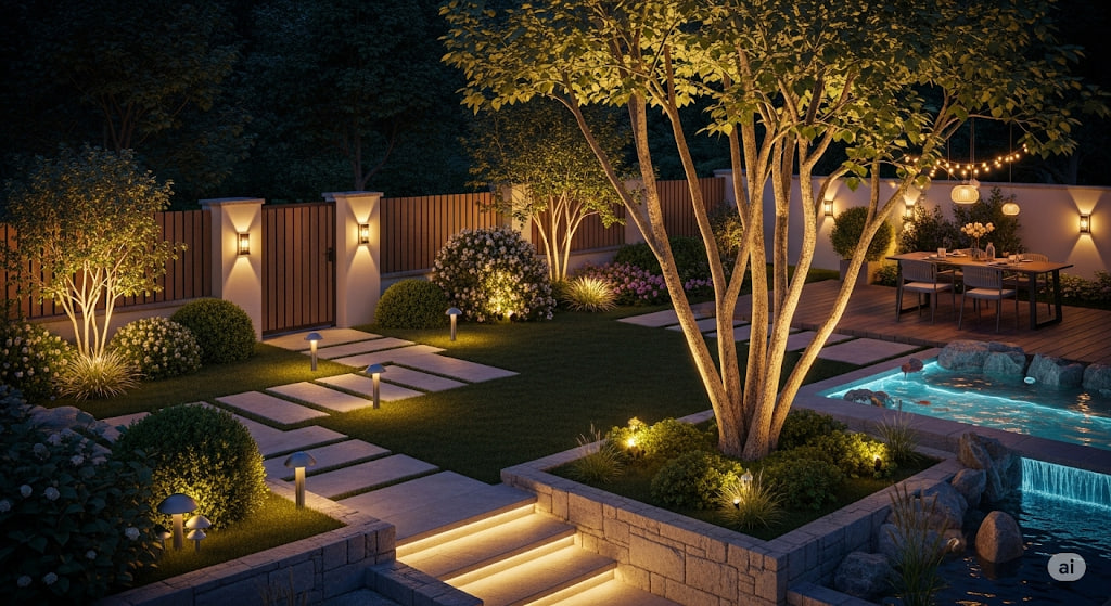 Lựa chọn ít nhưng tinh tế: Một vài khối đá đặt đúng vị trí và chiếu đèn hợp lý còn đẹp hơn nhiều so với việc bố trí quá nhiều chi tiết