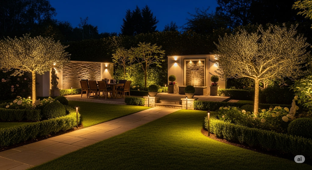 Sự kết hợp giữa đá mỹ nghệ và ánh sáng trong sân vườn không chỉ đơn thuần là chiếu sáng một vật thể bằng đá