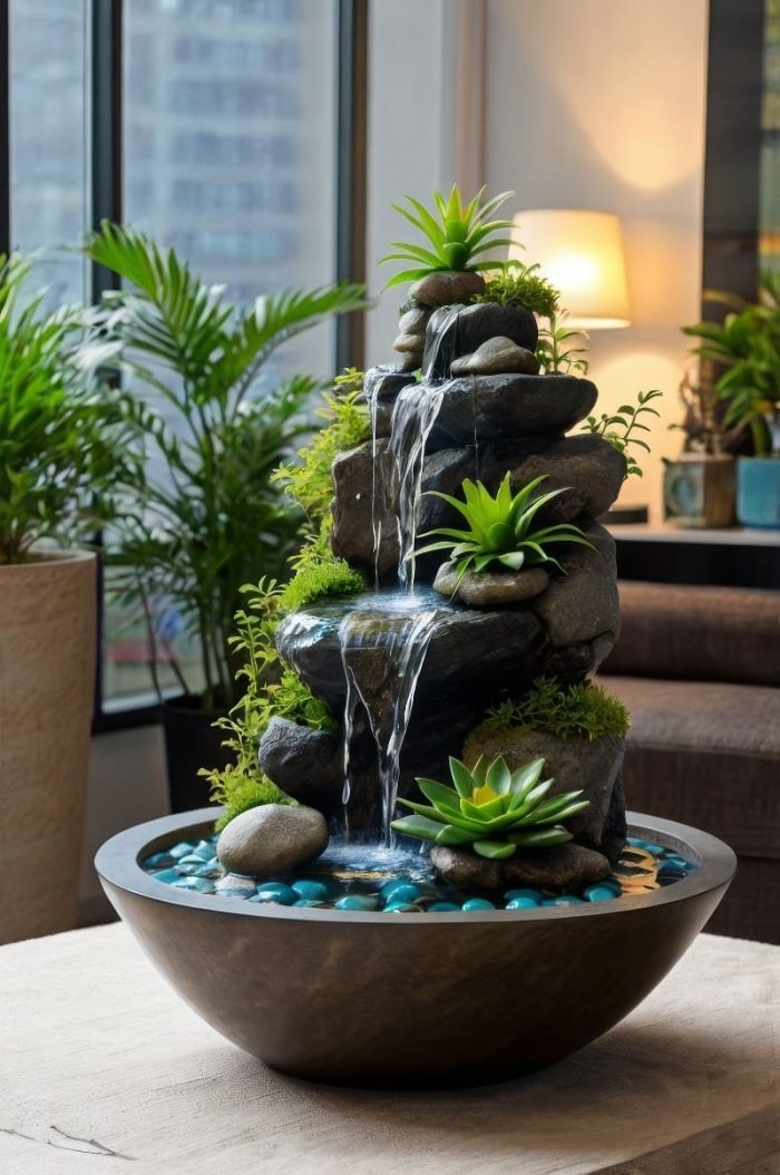 Thác nước đá phong thủy được cấu thành từ những phiến đá tự nhiên, đá nguyên khối hoặc đá ghép được nghệ nhân chọn lọc kỹ lưỡng