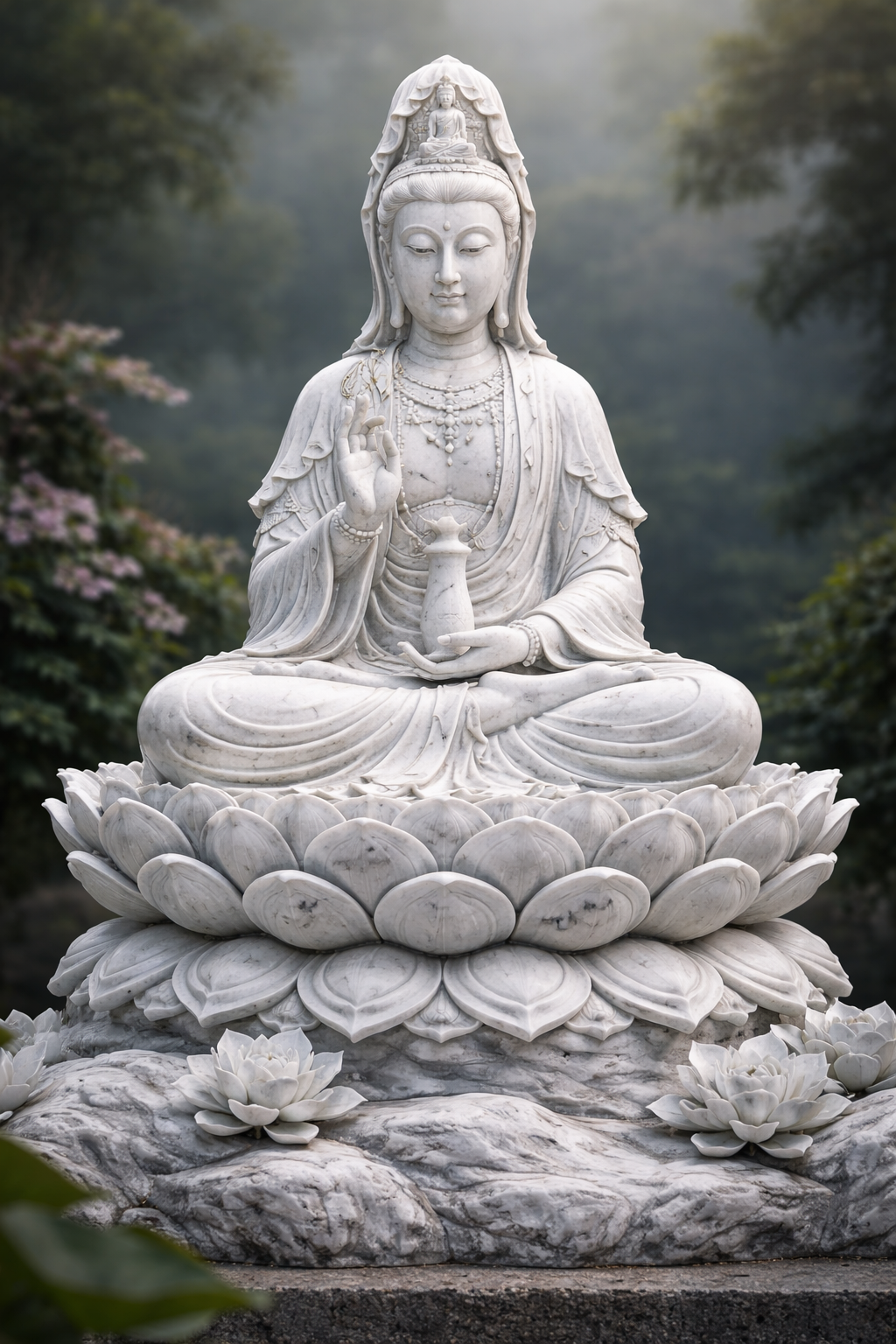 Tượng Quan Âm tọa đài sen đá không đơn thuần là một tác phẩm điêu khắc, mà là sự kết tinh của nghệ thuật, tâm linh và thiên nhiên