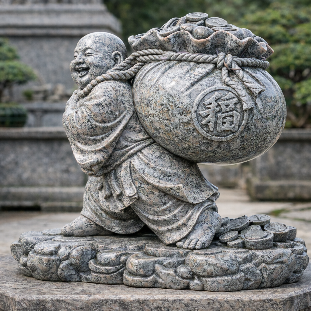 Tượng Di Lặc kéo bao tiền đá – Chiêu tài đắc lộc là sự kết hợp hoàn hảo giữa nghệ thuật đá mỹ nghệ và giá trị phong thủy truyền thống