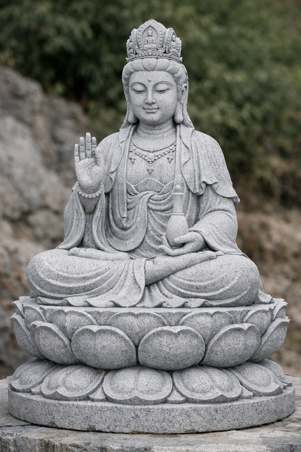 Từ tượng Phật, tượng linh vật phong thủy, đài sen, lư hương cho đến cổng đá, bậc tam cấp hay tiểu cảnh sân vườn, granite đều phát huy tối đa giá trị sử dụng và thẩm mỹ