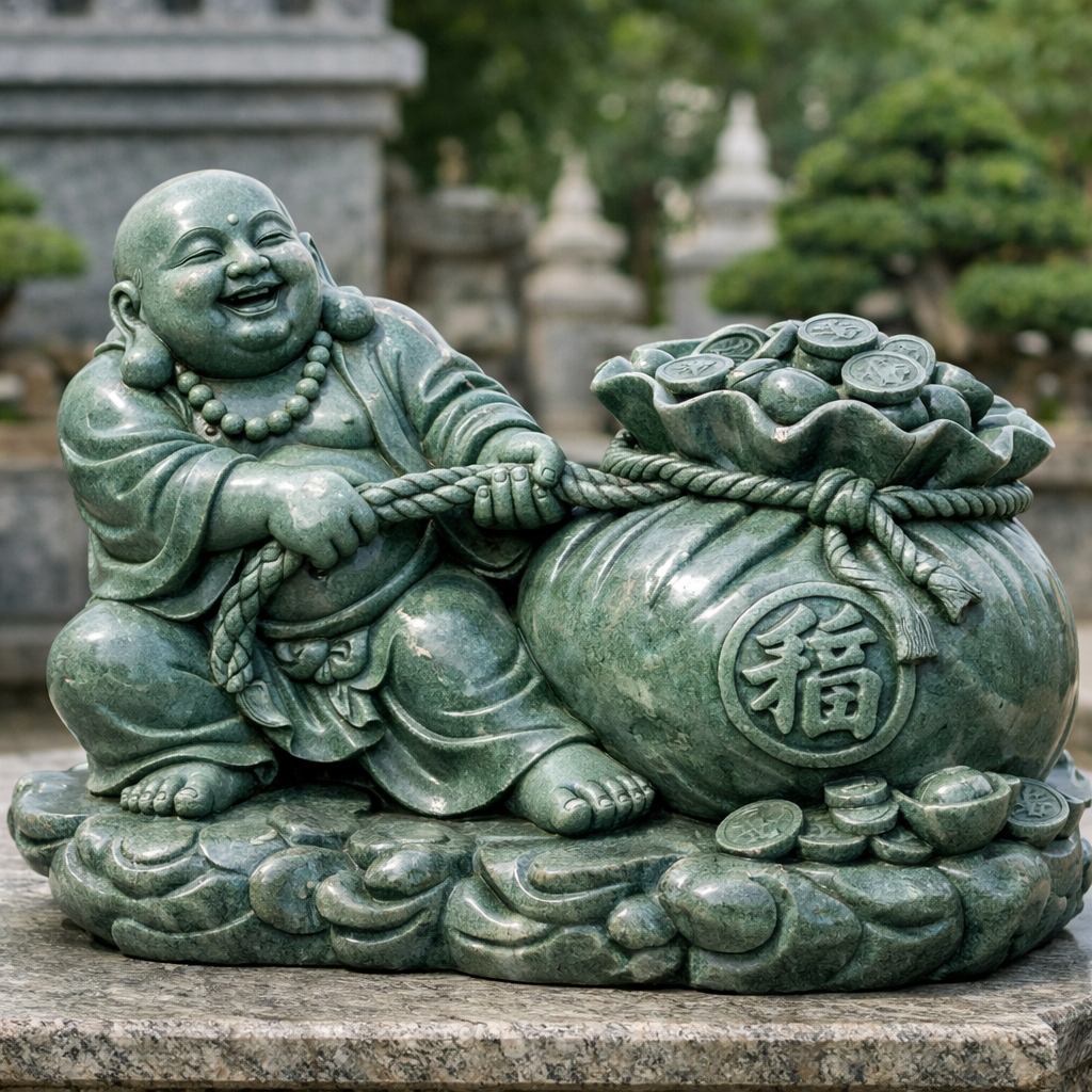 Tượng Di Lặc kéo bao tiền khi được chế tác từ đá mỹ nghệ tự nhiên càng gia tăng giá trị cả về thẩm mỹ lẫn phong thủy. Đá là tinh hoa của đất trời, trải qua hàng triệu năm hình thành, tích tụ nguồn năng lượng mạnh mẽ và ổn định