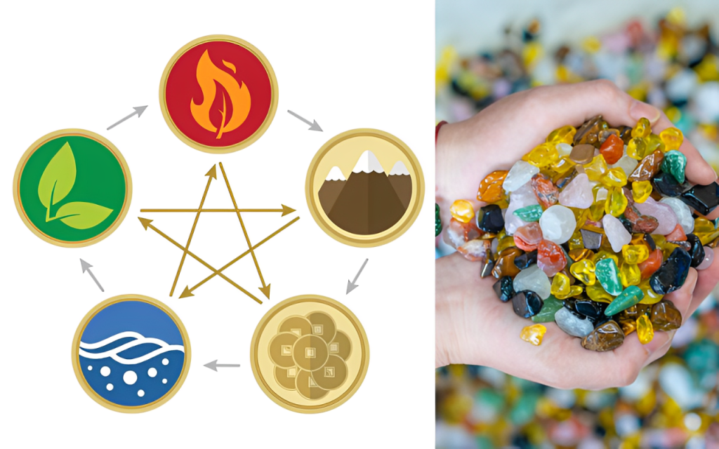 Theo quan niệm phong thủy phương Đông, mỗi loại đá đều gắn với ngũ hành Kim – Mộc – Thủy – Hỏa – Thổ, từ đó ảnh hưởng đến vận khí, tài lộc và sức khỏe của gia chủ