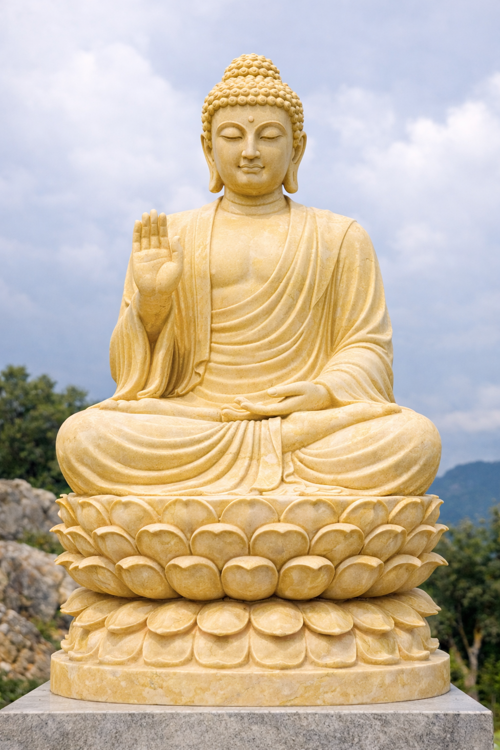 Điểm đặc biệt làm nên giá trị của đá vàng mỹ nghệ chính là cảm giác ấm áp mà nó mang lại. Trong không gian tâm linh, nơi thường sử dụng nhiều vật liệu đá, gỗ và ánh sáng tự nhiên, màu vàng của đá đóng vai trò như một nhịp cầu cảm xúc