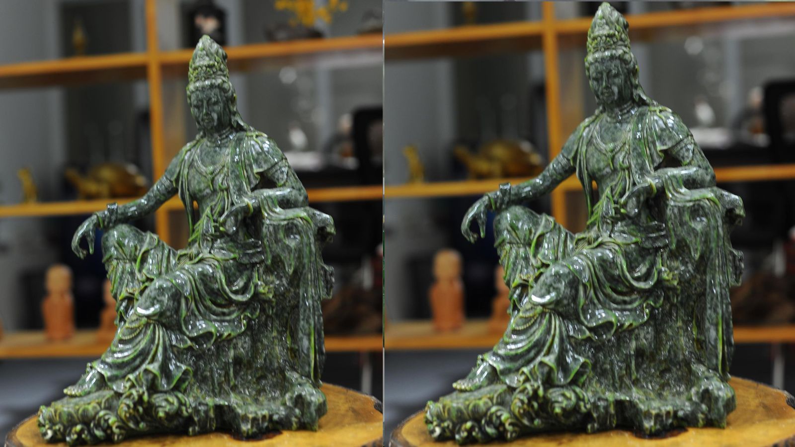 Màu xanh trầm của đá mang lại cảm giác mộc mạc, giản dị nhưng không hề đơn điệu. Ngược lại, chính sự tiết chế về màu sắc giúp tôn lên hình khối, đường nét và thần thái của tượng